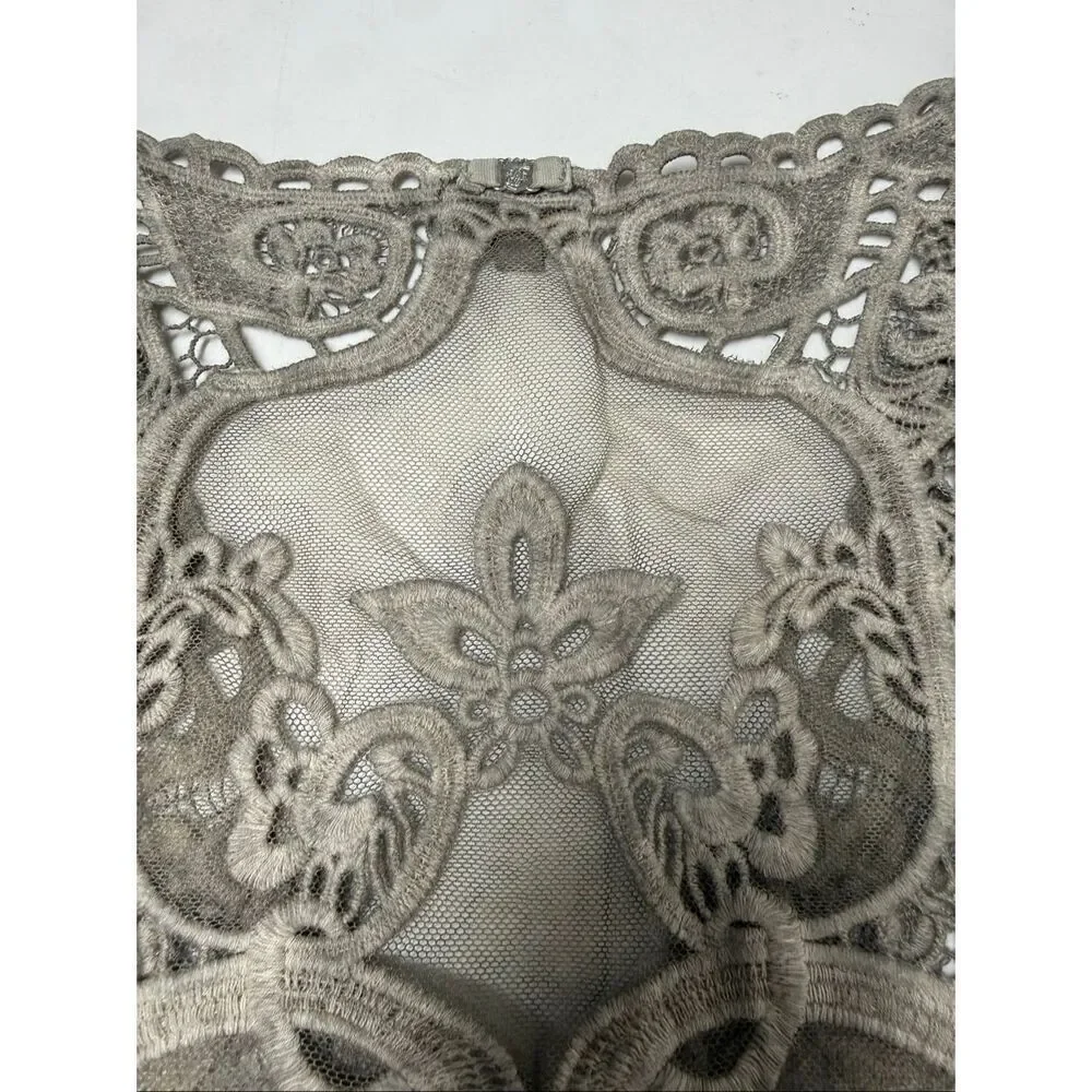 NILE Lace Crochet Vest Gray Boho Sheer Embroidered Tie Front Sz S Made in Italy